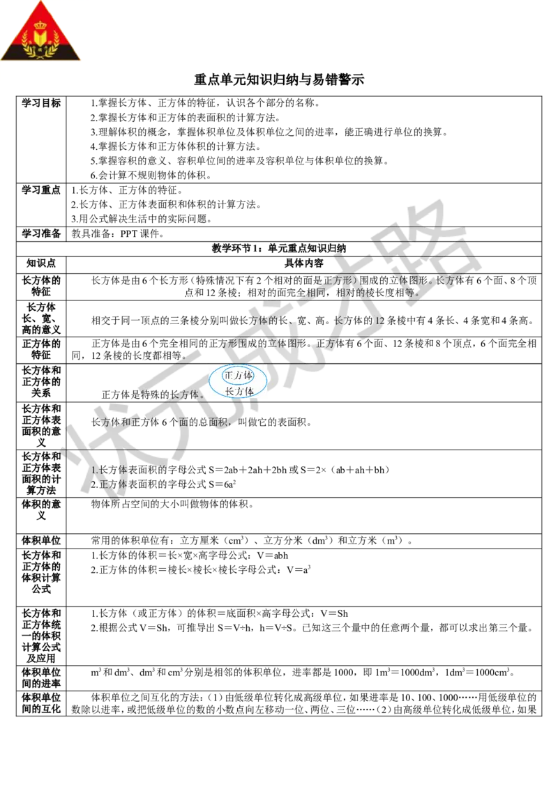 重点单元知识归纳与易错警示_1-6年级下册_R5数下新插图版_R5数下教案+学案_导学案_3长方体和正方体