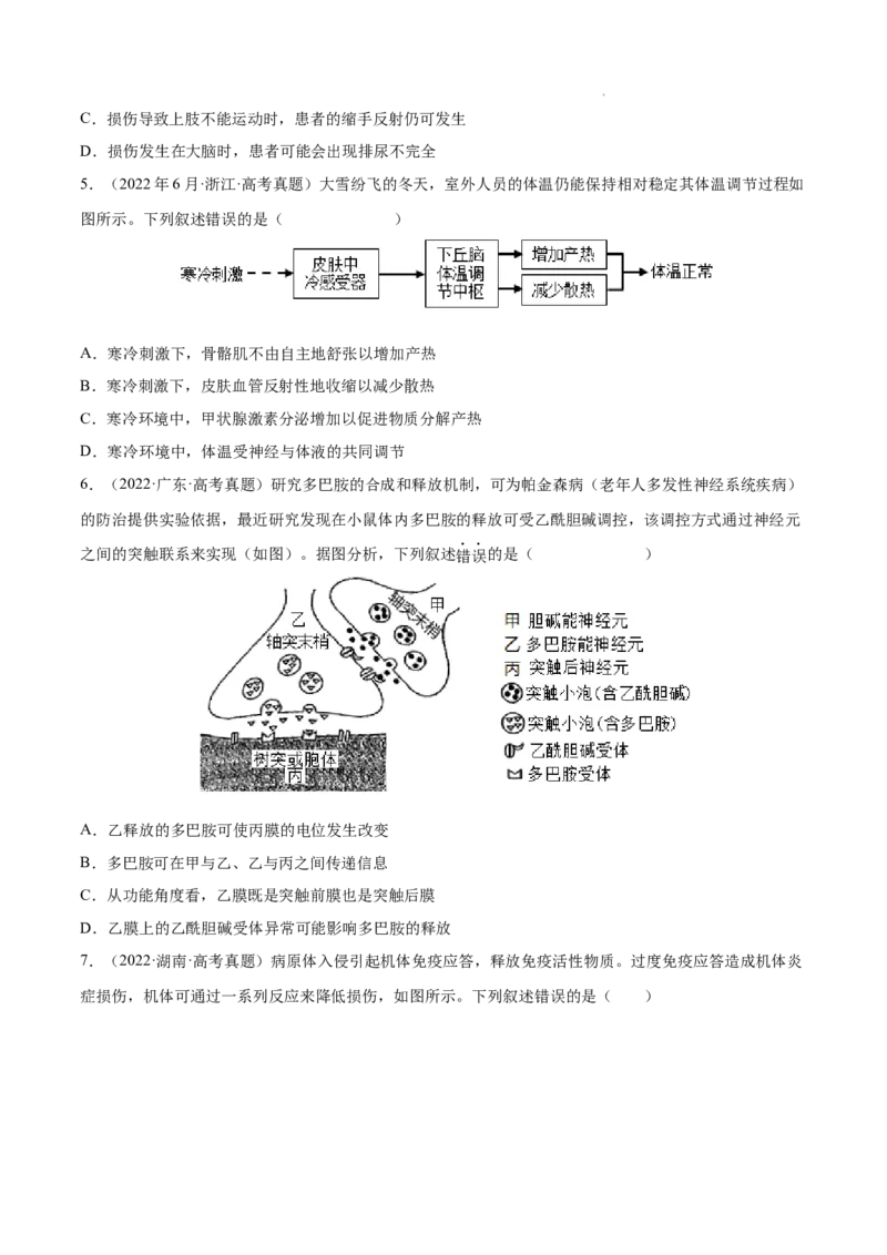 专题09动物生命活动的调节-三年（2020-2022）高考真题生物分项汇编（全国通用）（原卷版）_高考真题分类汇编(2012-2022)生物_高考真题分项汇编(2020-2022)生物