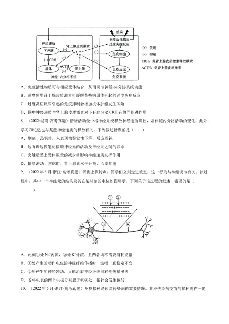 专题09动物生命活动的调节-三年（2020-2022）高考真题生物分项汇编（全国通用）（原卷版）_高考真题分类汇编(2012-2022)生物_高考真题分项汇编(2020-2022)生物