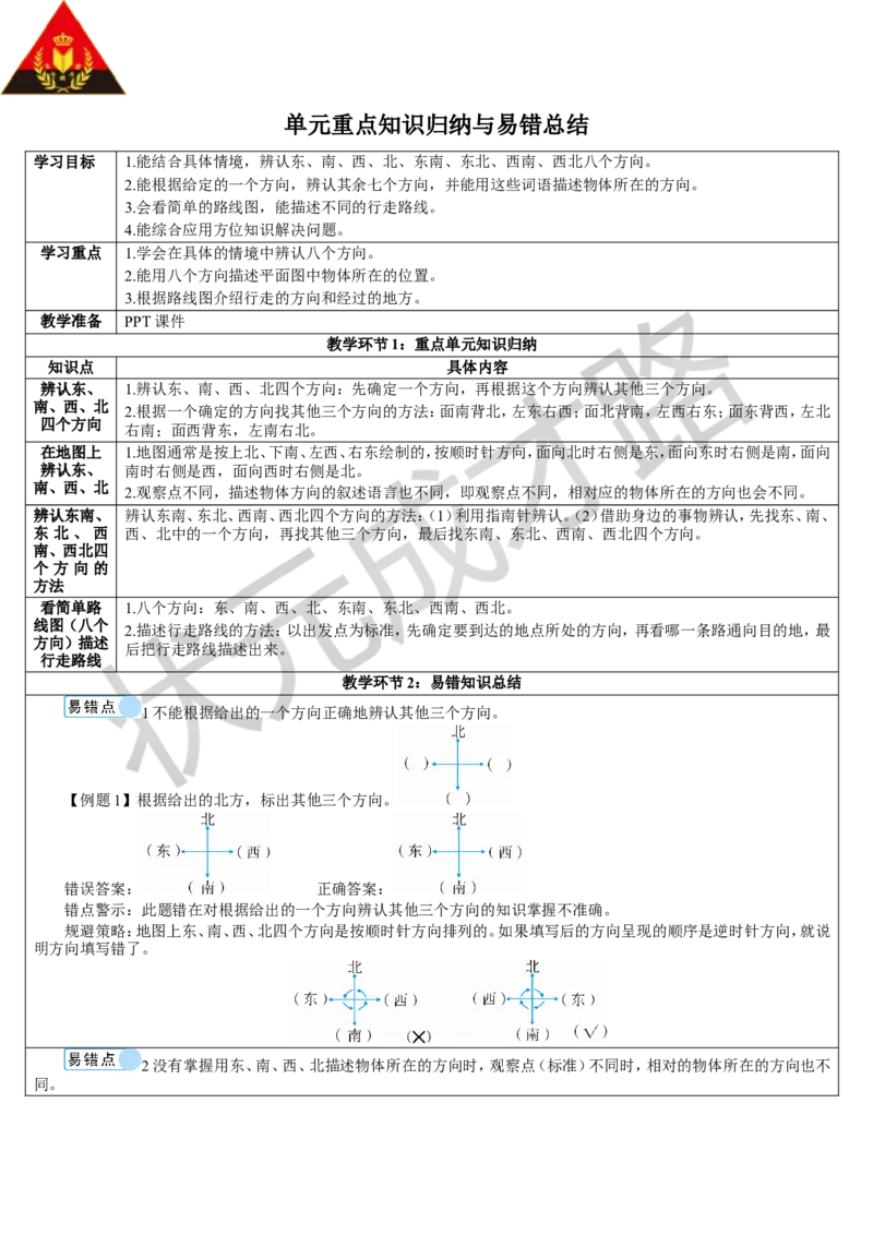单元重点知识归纳与易错总结_1-6年级下册_R3数下新插图版_旧教材资源_R3数下教案+学案_导学案_1位置与方向
