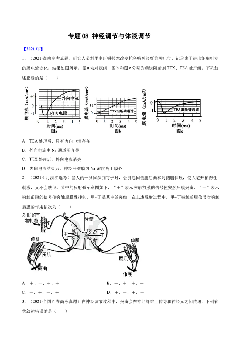 专题08神经调节与体液调节-十年（2012-2021）高考生物真题分项汇编（全国通用）（原卷版）_高考真题分类汇编(2012-2022)生物_高考真题分项汇编(2012-2021)生物