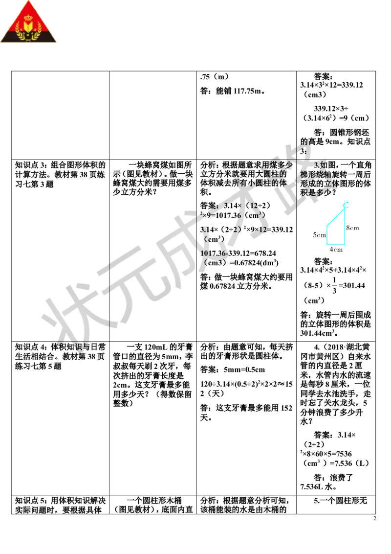 整理和复习（导学案）_1-6年级下册_R6数下新插图版_R6数下教案+学案_导学案_第3单元圆柱与圆锥