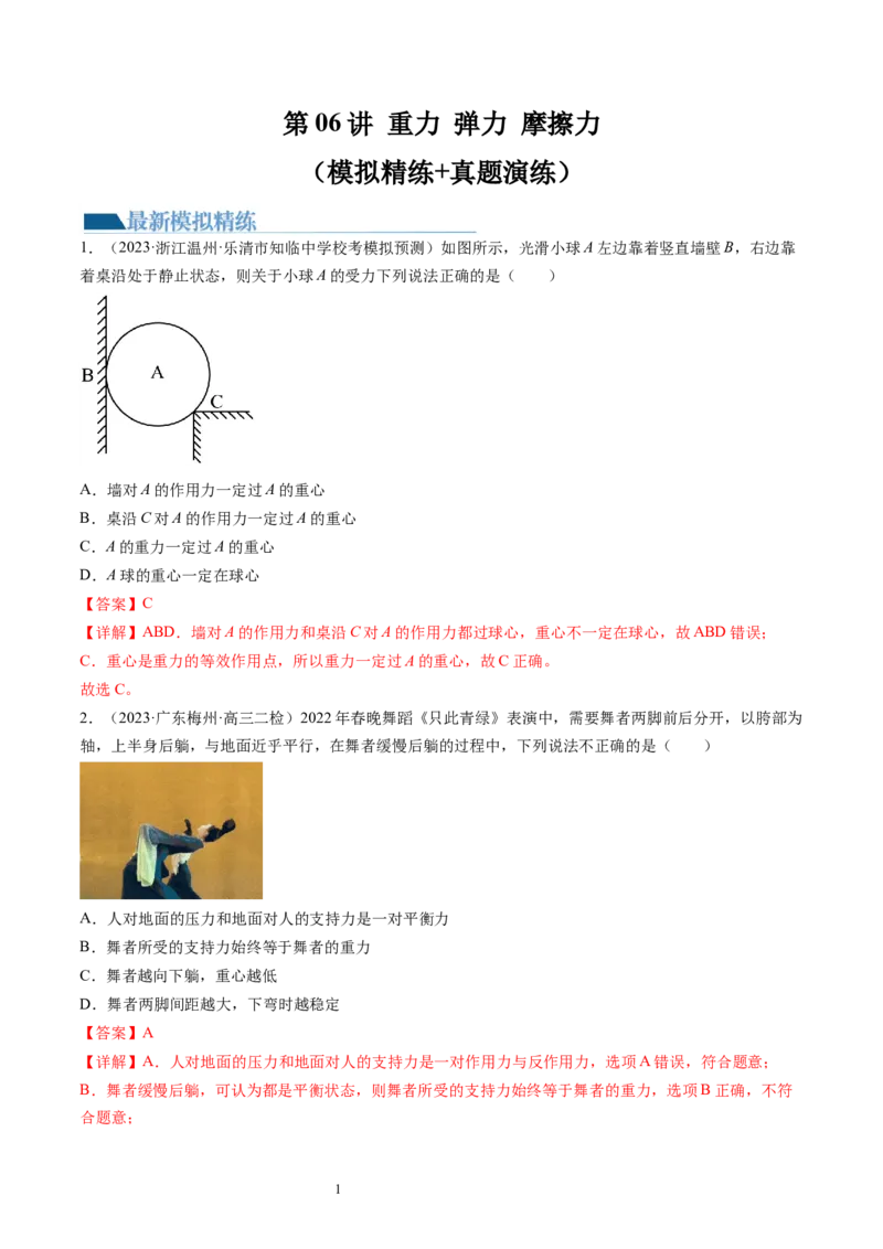 第06讲重力弹力摩擦力（练习）（解析版）_新高考复习资料_2024新高考复习资料_一轮复习资料_2024年高考物理一轮复习讲练测（讲义+练习+课件）（新高考）_讲义+练习