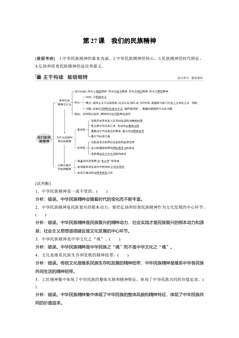 74第十一单元中华文化与民族精神第27课　我们的民族精神_通用版（老高考）复习资料_2023年复习资料_一轮+二轮_政治高三一轮复习系列_713