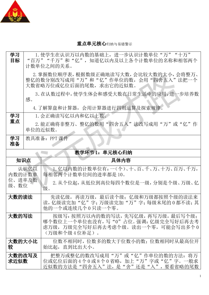 重点单元核心归纳与易错警示_1-6年级上册_数学4年级上册教学资源包_导学案新版_1大数的认识