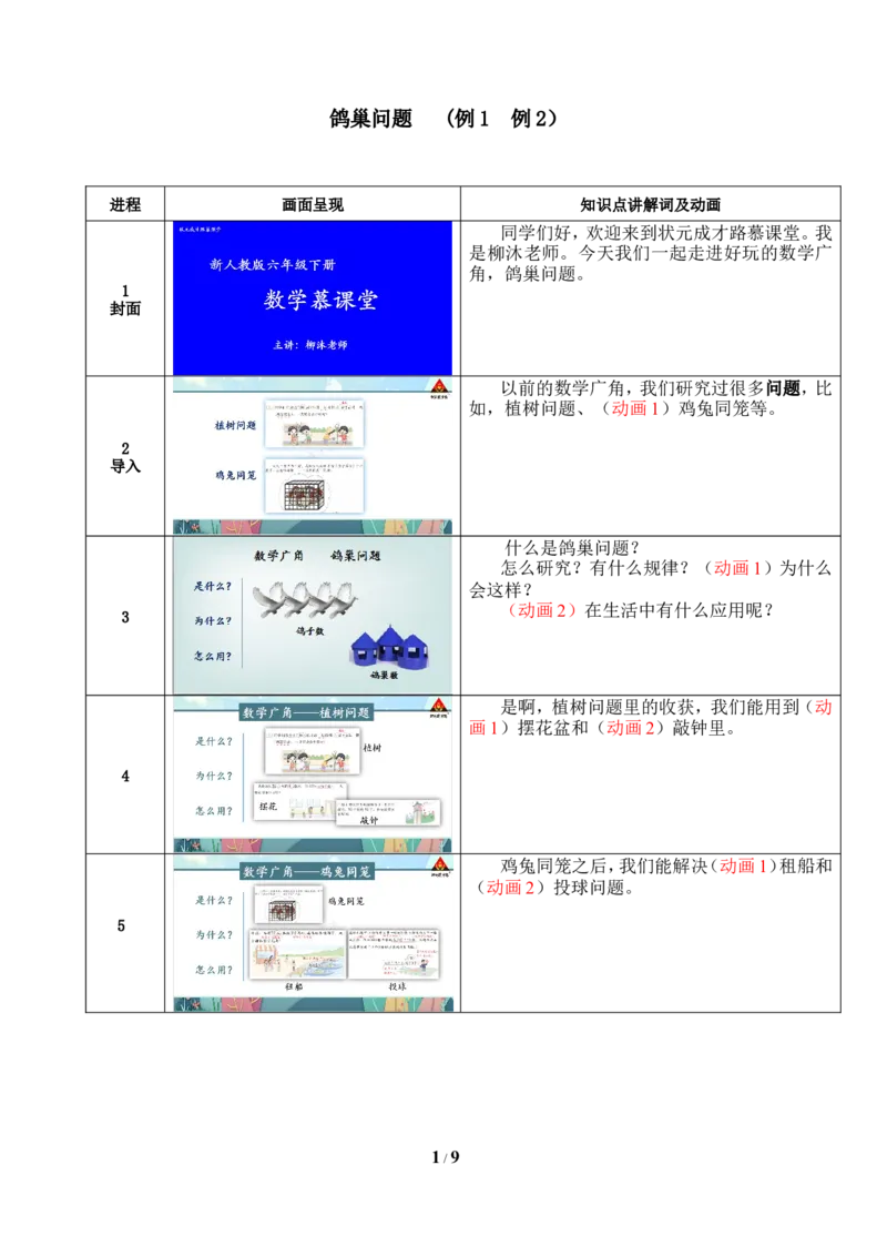 1.鸽巢问题（1）_1-6年级下册_R6数下新插图版_R6数下教案+学案_慕课堂教案_第5单元数学广角&mdash;&mdash;鸽巢问题