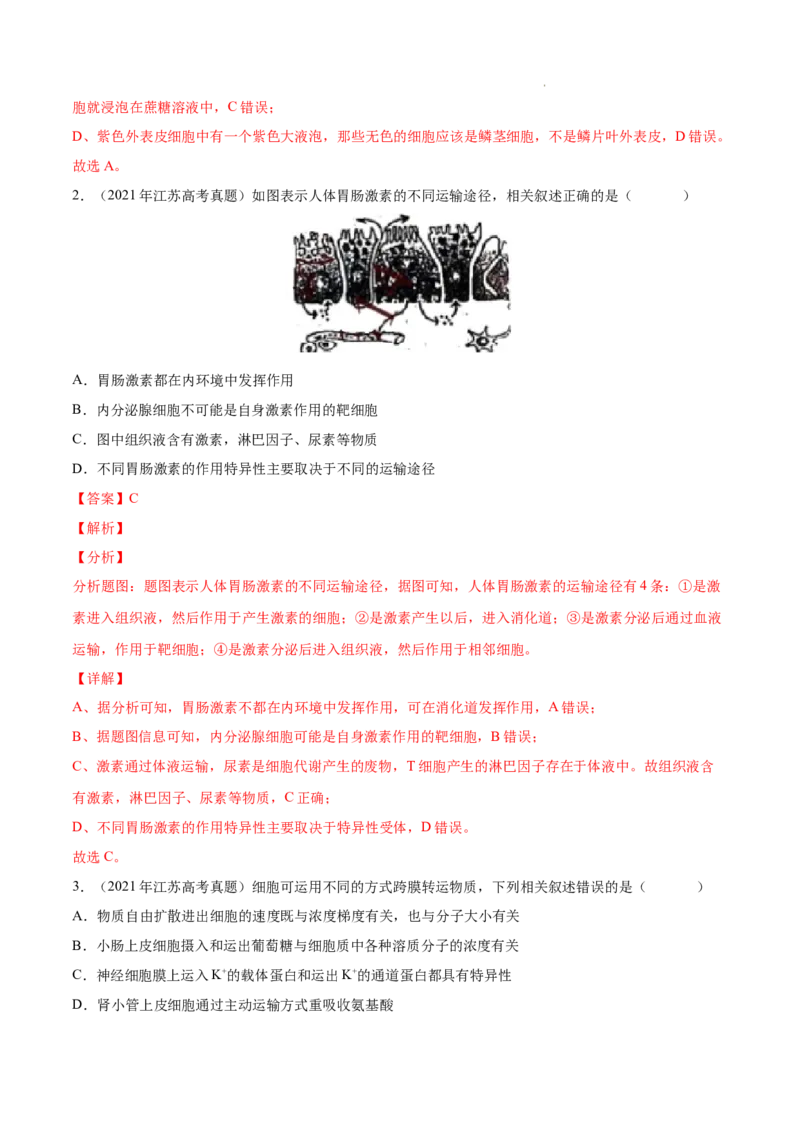 专题02细胞的物质运输、酶与ATP-三年（2020-2022）高考真题生物分项汇编（全国通用）（解析版）_高考真题分类汇编(2012-2022)生物_高考真题分项汇编(2020-2022)生物