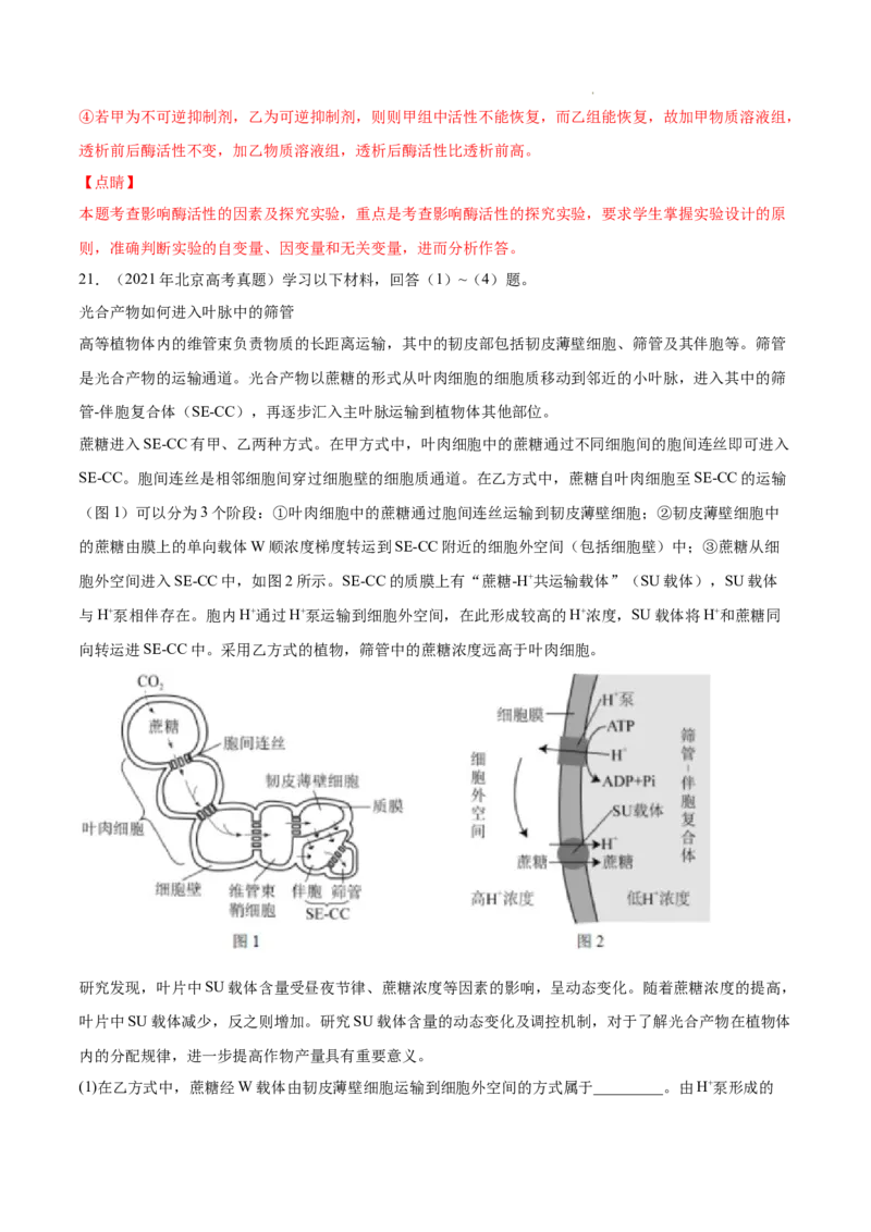 专题02细胞的物质运输、酶与ATP-三年（2020-2022）高考真题生物分项汇编（全国通用）（解析版）_高考真题分类汇编(2012-2022)生物_高考真题分项汇编(2020-2022)生物