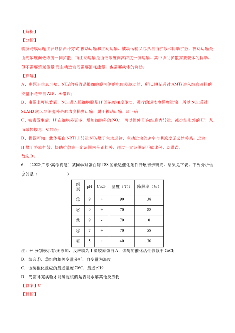 专题02细胞的物质运输、酶与ATP-三年（2020-2022）高考真题生物分项汇编（全国通用）（解析版）_高考真题分类汇编(2012-2022)生物_高考真题分项汇编(2020-2022)生物