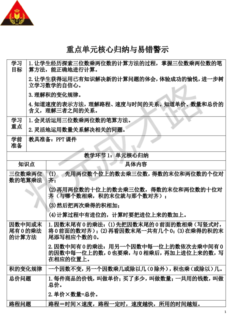 重点单元核心归纳与易错警示_1-6年级上册_数学4年级上册教学资源包_导学案新版_4三位数乘两位数