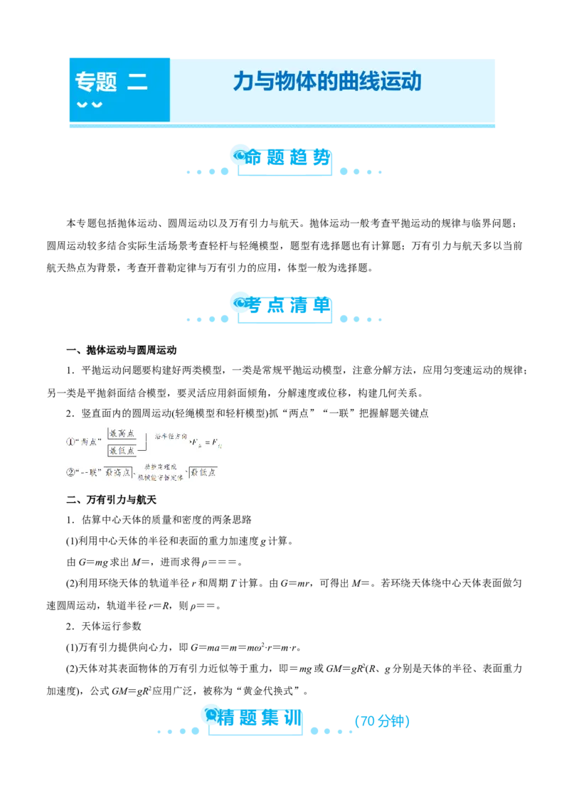 原创（新高考）2021届高考二轮精品专题二力与曲线运动学生版_新高考复习资料_2021年新高考资料_2021届（新高考）物理二轮精品专题