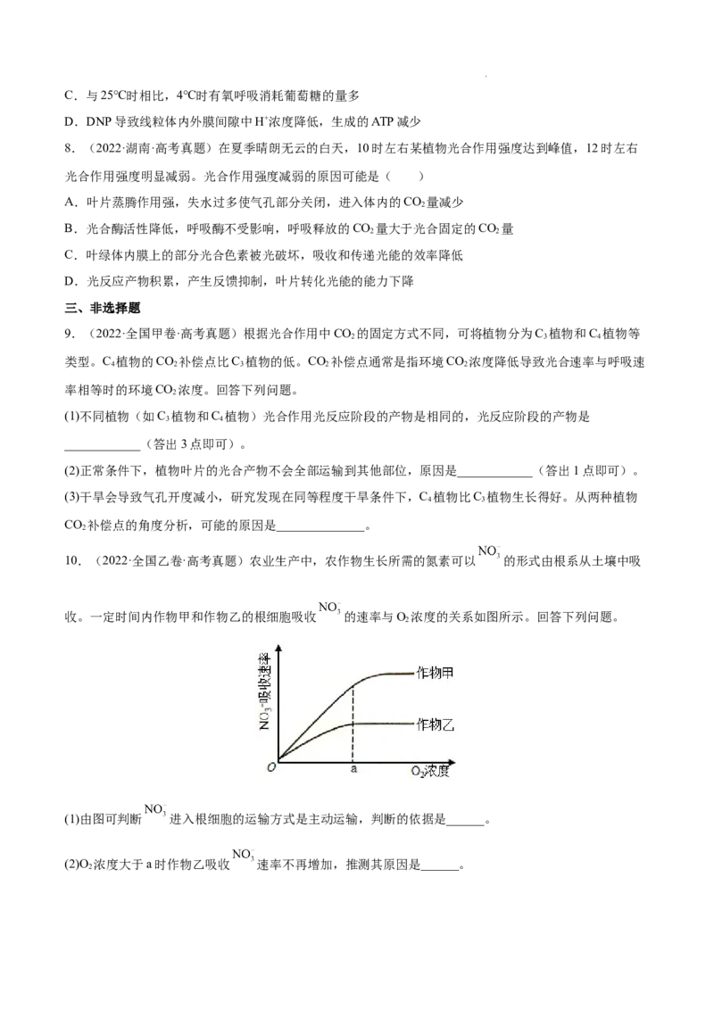 专题03光合作用和细胞呼吸-三年（2020-2022）高考真题生物分项汇编（全国通用）（原卷版）_高考真题分类汇编(2012-2022)生物_高考真题分项汇编(2020-2022)生物