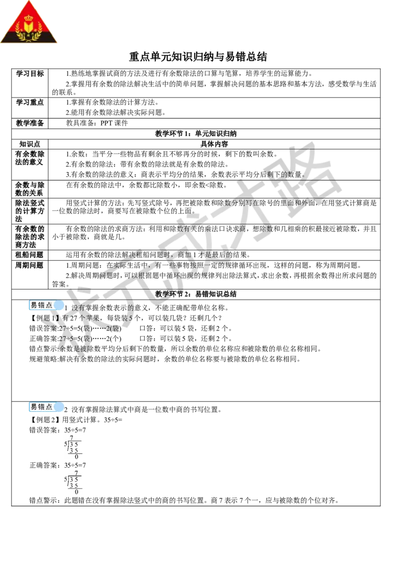 重点单元知识归纳与易错总结_1-6年级下册_R2数下新插图版_旧教材资源_R2数下教案+学案_导学案_6有余数的除法