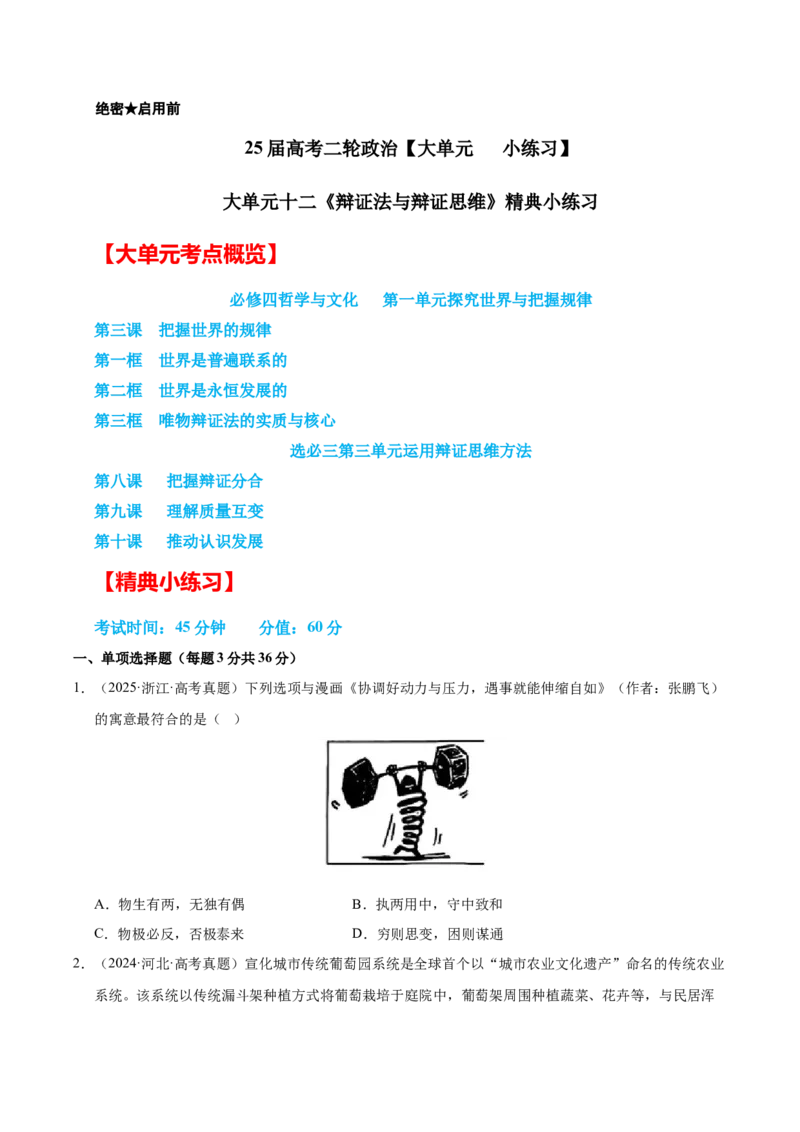 大单元十二《辩证法与辩证思维》精典小练习（原卷版）_42025年新高考资料_二轮复习_大单元小练习2025年高考政治二轮复习16个大单元精典练习（全国通用）344167116