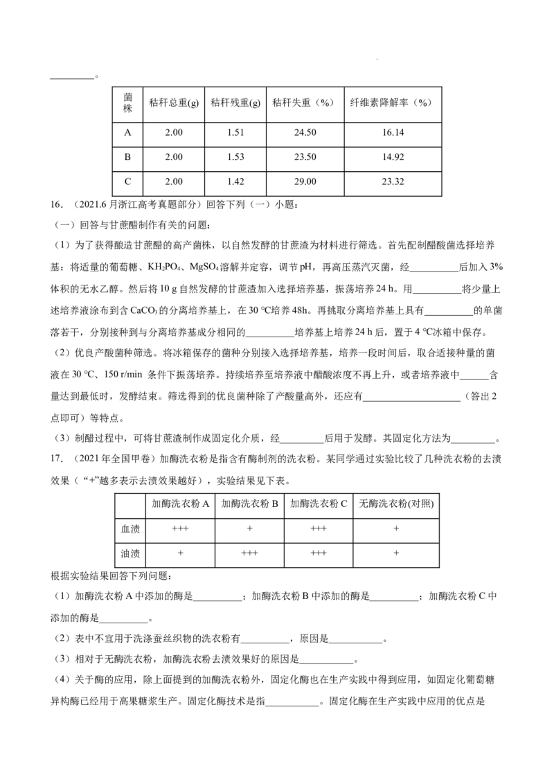 专题13发酵工程-三年（2020-2022）高考真题生物分项汇编（全国通用）（原卷版）_高考真题分类汇编(2012-2022)生物_高考真题分项汇编(2020-2022)生物