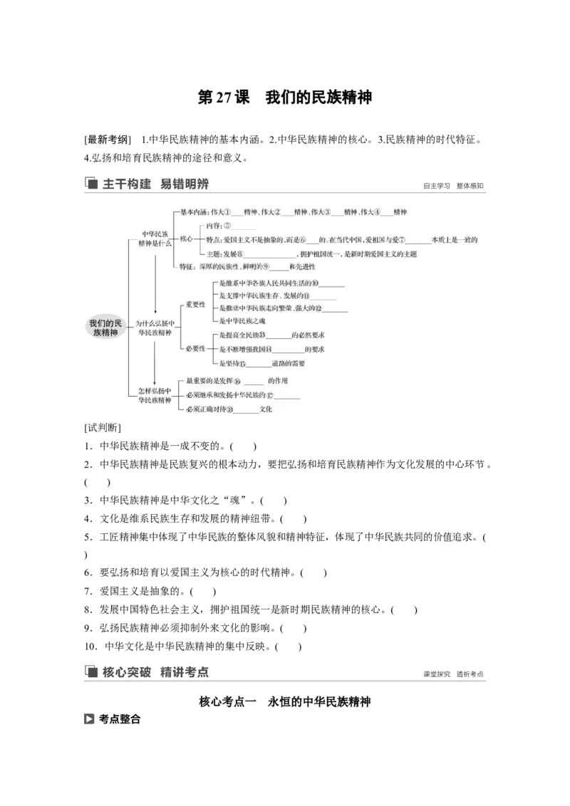 74第十一单元中华文化与民族精神第27课　我们的民族精神_通用版（老高考）复习资料_2023年复习资料_一轮+二轮_政治高三一轮复习系列