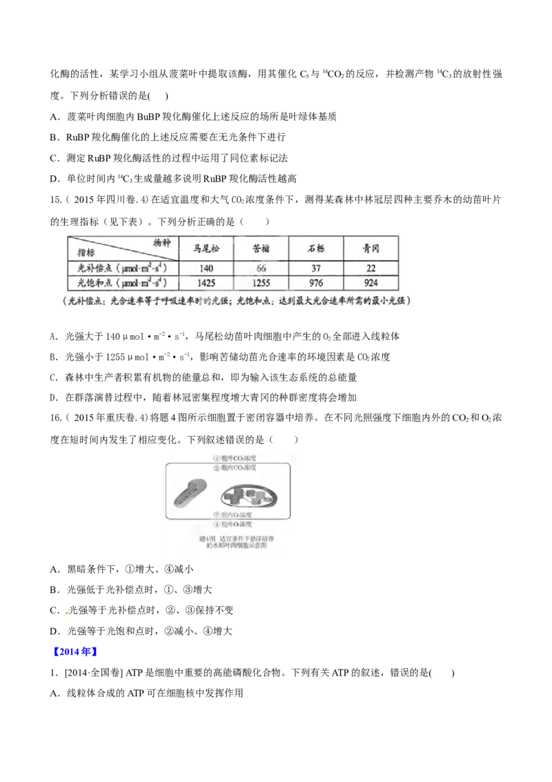 专题02细胞的能量与代谢-十年（2012-2021）高考生物真题分项汇编（全国通用）（原卷版）_高考真题分类汇编(2012-2022)生物_高考真题分项汇编(2012-2021)生物