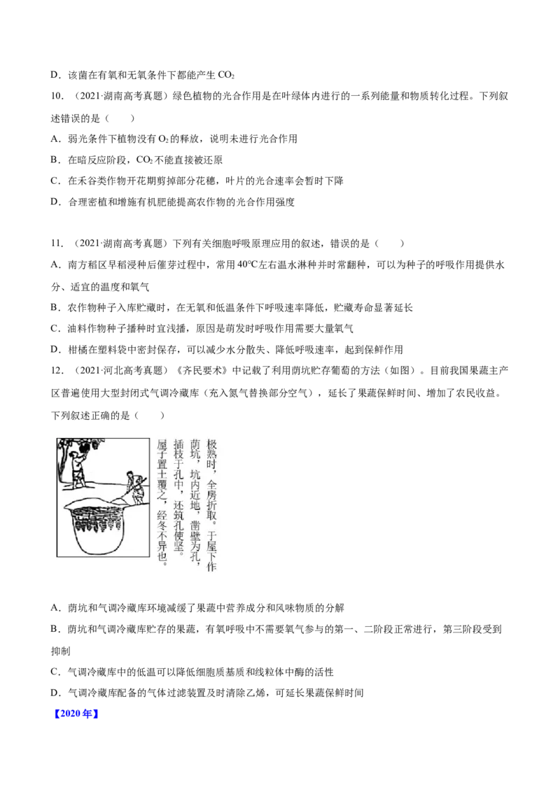 专题02细胞的能量与代谢-十年（2012-2021）高考生物真题分项汇编（全国通用）（原卷版）_高考真题分类汇编(2012-2022)生物_高考真题分项汇编(2012-2021)生物