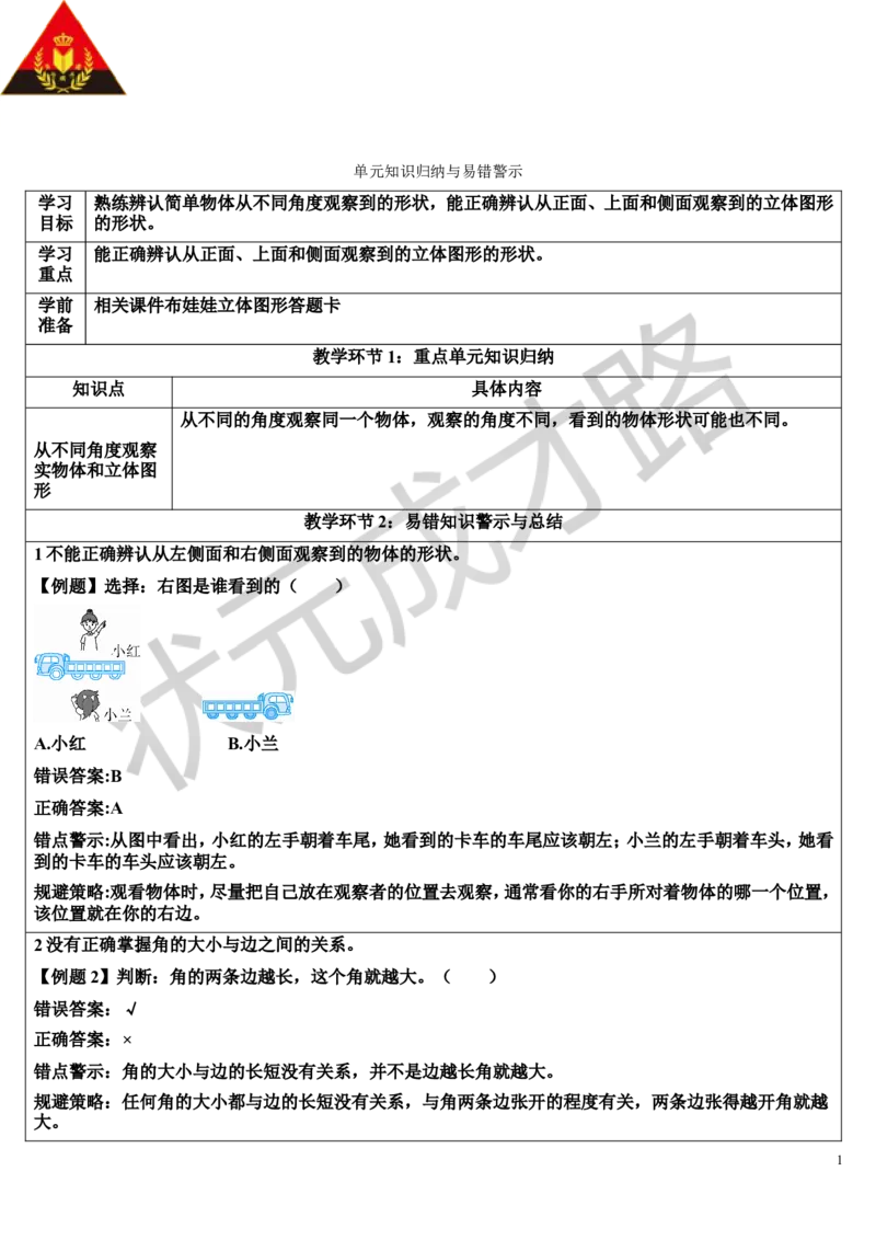 单元知识归纳与易错警示_1-6年级上册_数学2年级上册教学资源包（新教材2025秋）_旧教材课件_导学案新版_5观察物体（一）