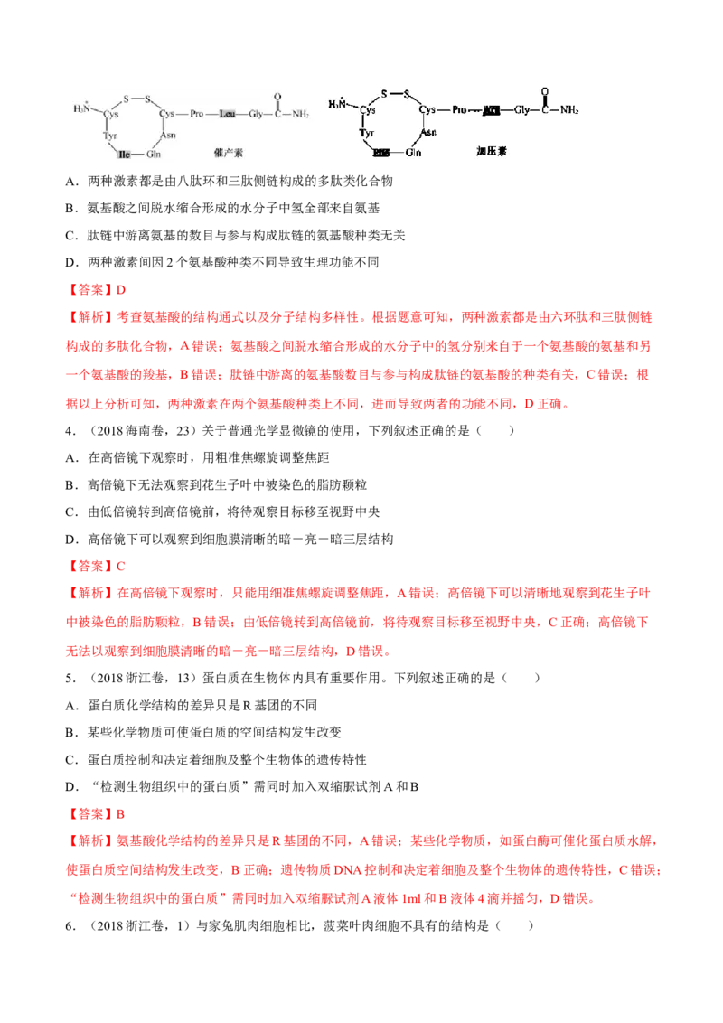 专题01细胞的组成与结构-十年（2012-2021）高考生物真题分项汇编（全国通用）（解析版）_高考真题分类汇编(2012-2022)生物_高考真题分项汇编(2012-2021)生物