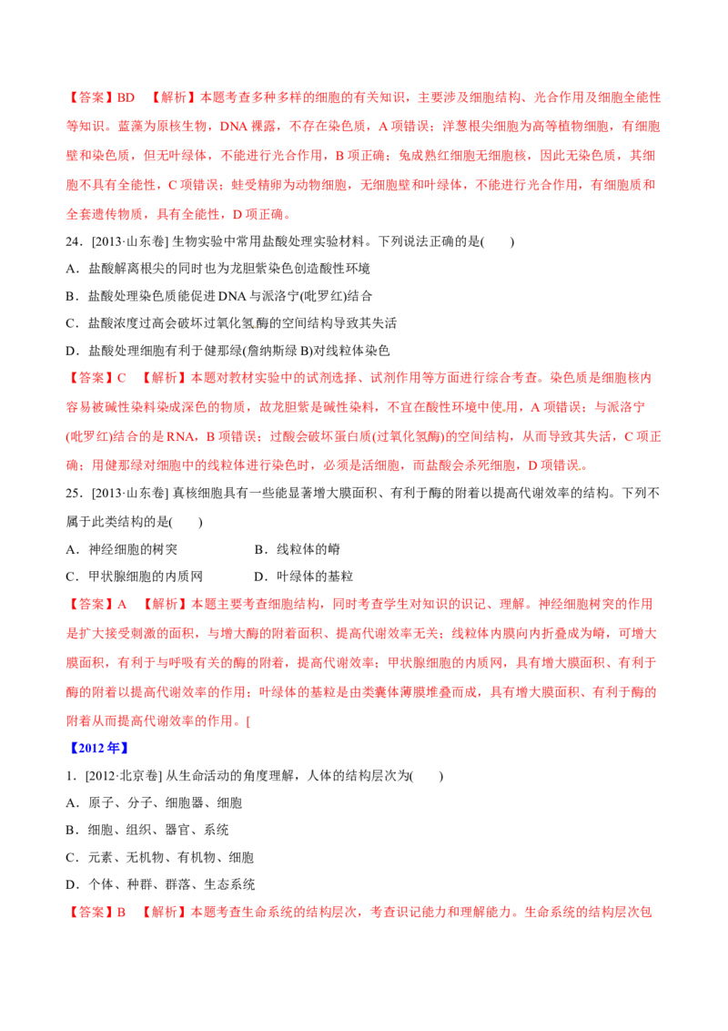 专题01细胞的组成与结构-十年（2012-2021）高考生物真题分项汇编（全国通用）（解析版）_高考真题分类汇编(2012-2022)生物_高考真题分项汇编(2012-2021)生物