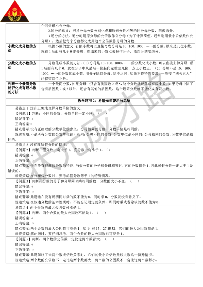 重点单元知识归纳与易错警示_1-6年级下册_R5数下新插图版_R5数下教案+学案_导学案_4分数的意义和性质