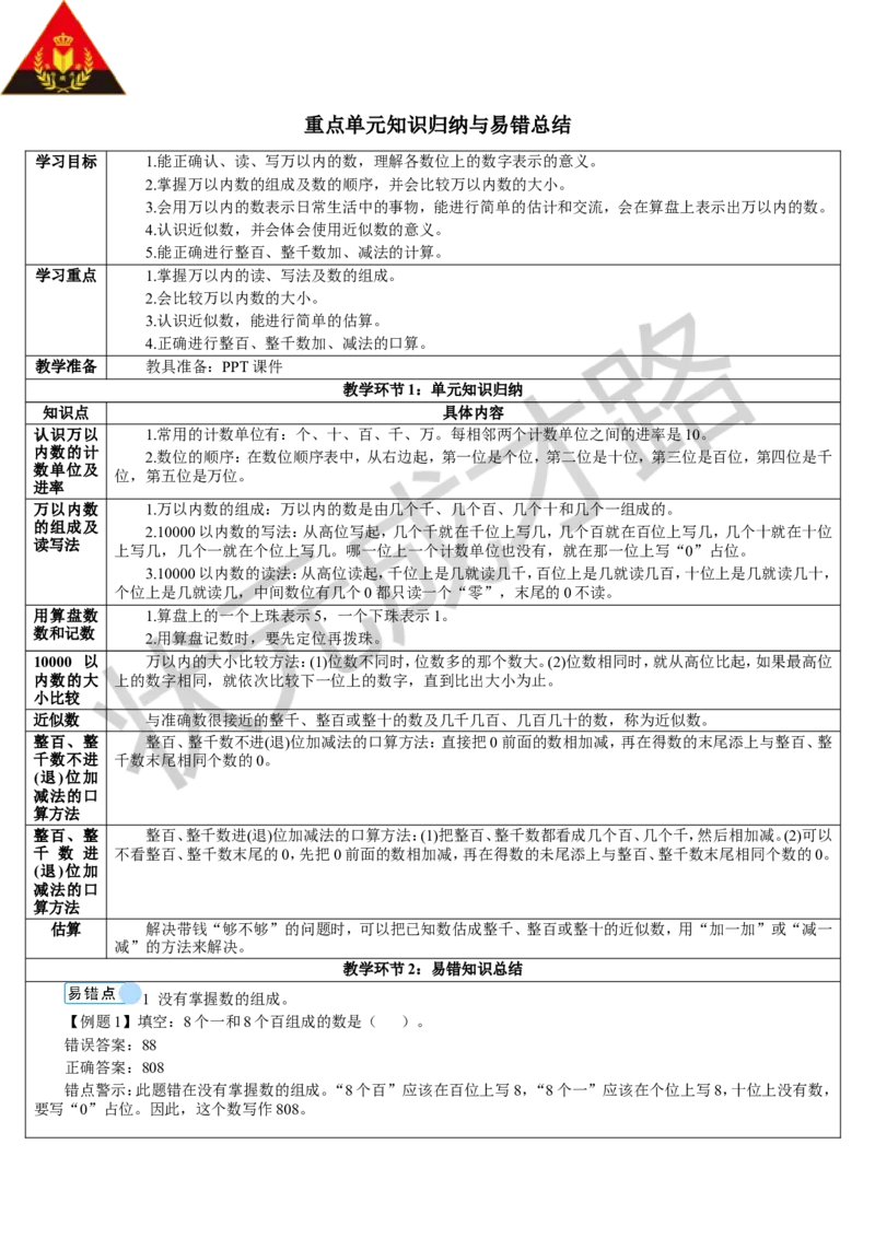 重点单元知识归纳与易错总结_1-6年级下册_R2数下新插图版_旧教材资源_R2数下教案+学案_导学案_7万以内数的认识