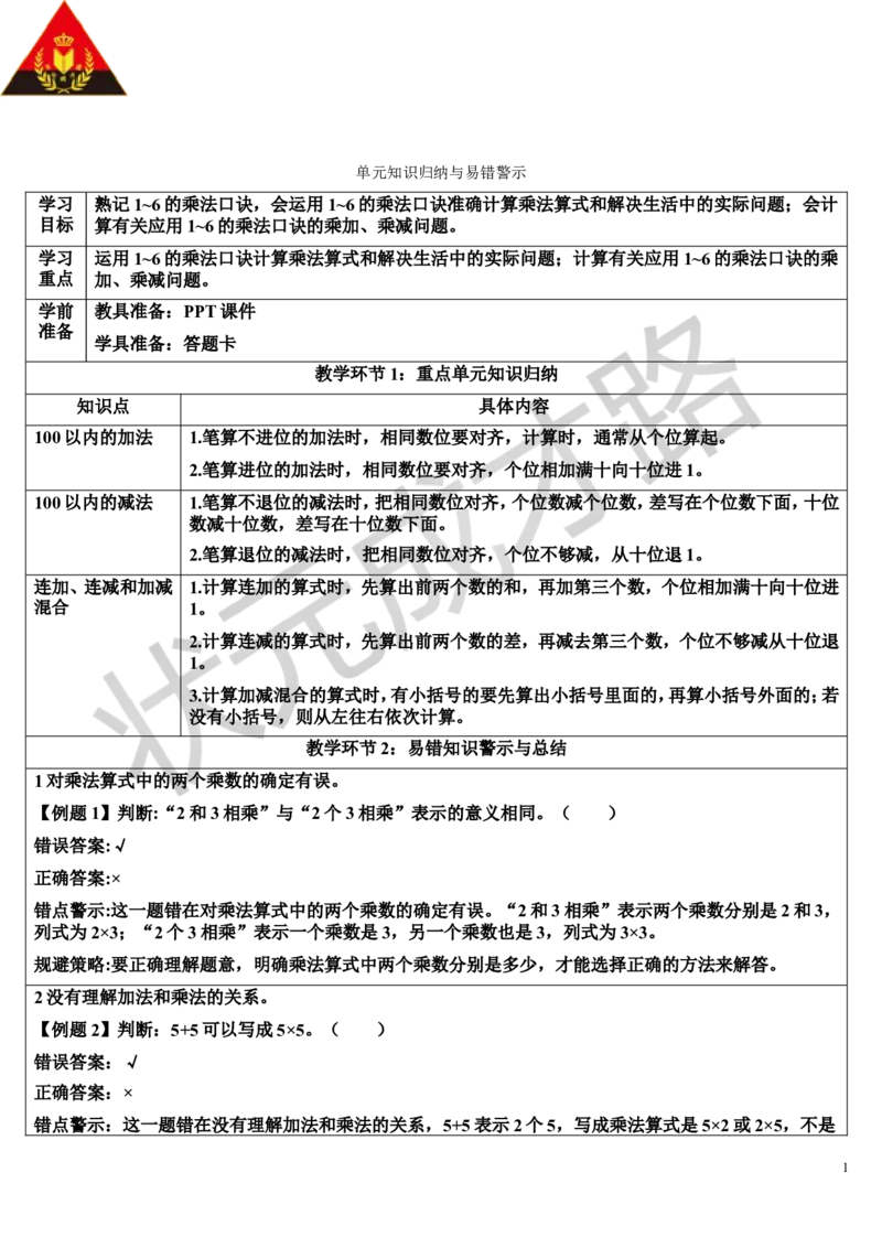 单元知识归纳与易错警示_1-6年级上册_数学2年级上册教学资源包（新教材2025秋）_旧教材课件_导学案新版_4表内乘法（一）