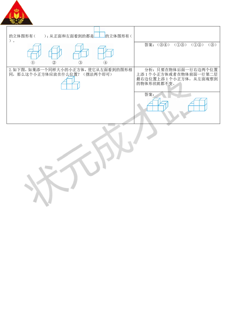 单元知识归纳与易错警示_1-6年级下册_R5数下新插图版_R5数下教案+学案_导学案_1观察物体（三）