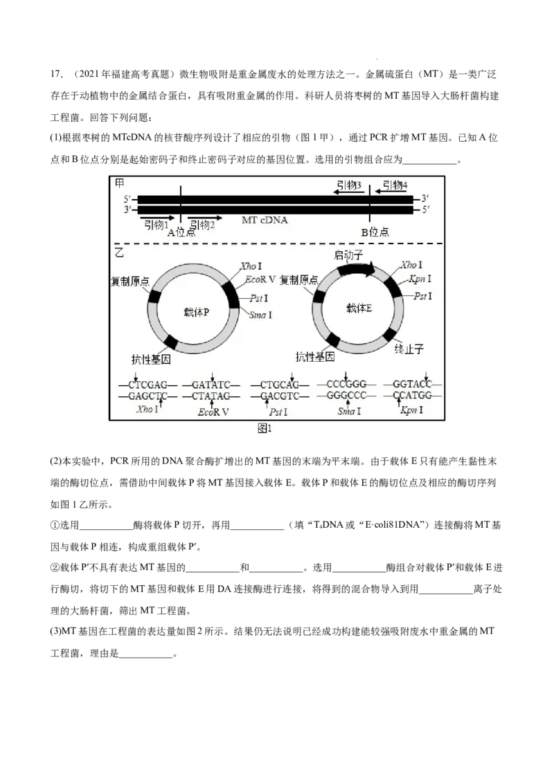 专题14生物技术与工程-三年（2020-2022）高考真题生物分项汇编（全国通用）（解析版）_高考真题分类汇编(2012-2022)生物_高考真题分项汇编(2020-2022)生物