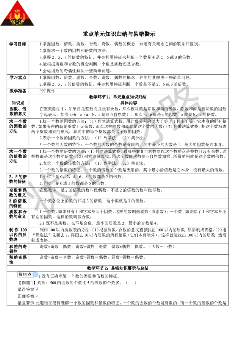重点单元知识归纳与易错警示_1-6年级下册_R5数下新插图版_R5数下教案+学案_导学案_2因数与倍数