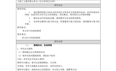 长方形和正方形+整理与复习_教学设计_小学数学人教版单独教案（1-6上下册）_《智慧教育教案》1-6上下册（25秋）_1-6上册_3年级上册（教案）新插图_第7单元长方形和正方形
