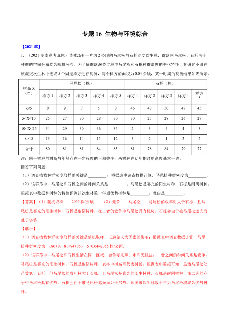 专题16生物与环境综合-十年（2012-2021）高考生物真题分项汇编（全国通用）（解析版）_高考真题分类汇编(2012-2022)生物_高考真题分项汇编(2012-2021)生物