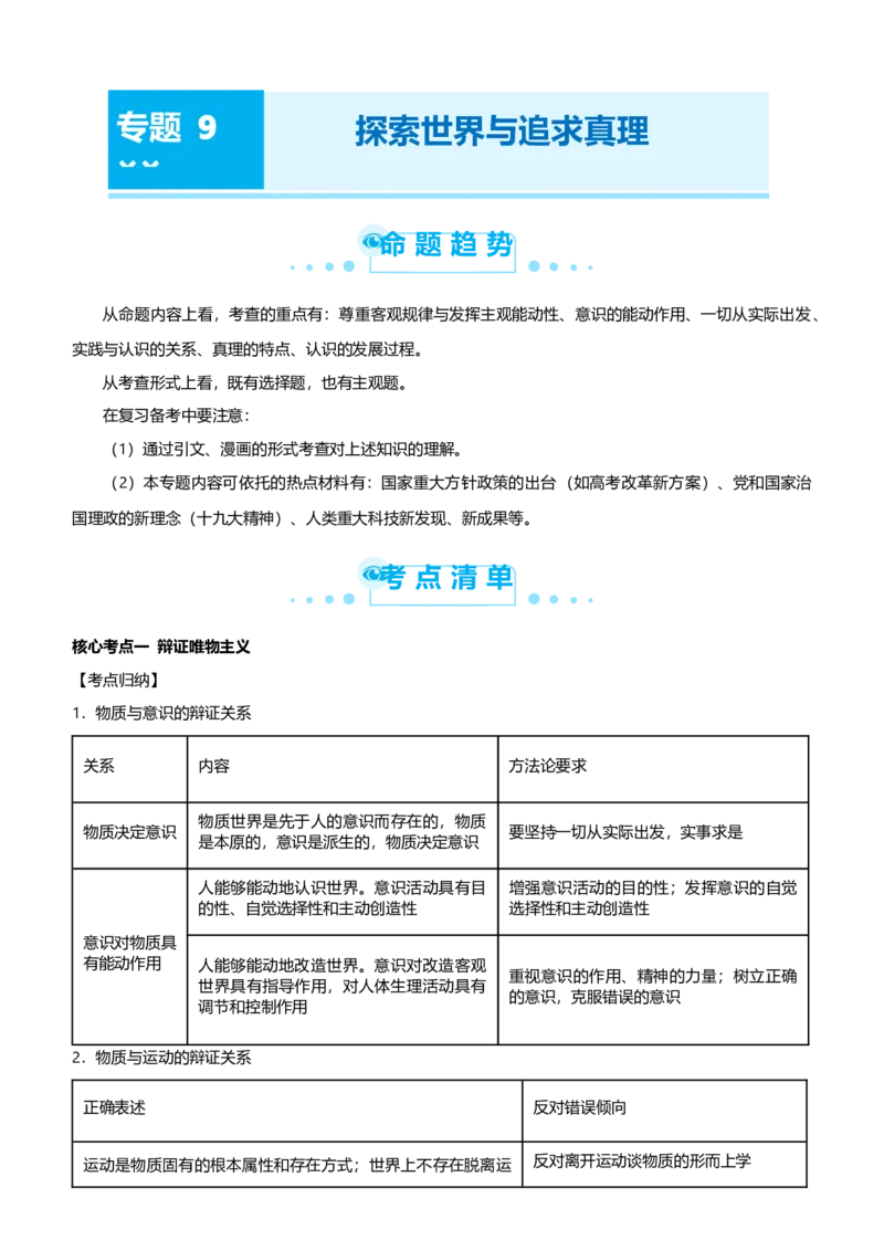 原创2021届高考二轮精品专题九探索世界与追求真理学生版_通用版（老高考）复习资料_2023年复习资料_一轮+二轮_原创2021届高考政治二轮精品专题