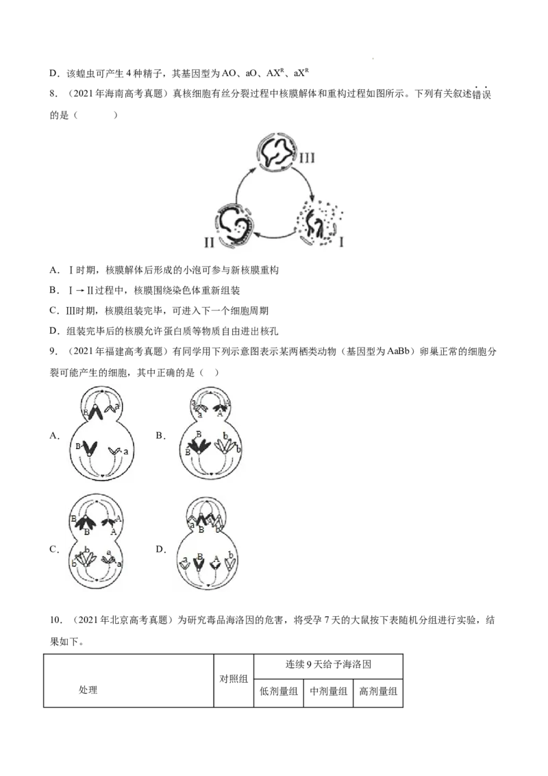 专题04细胞的生命历程（包括减数分裂）-三年（2020-2022）高考真题生物分项汇编（全国通用）（原卷版）_高考真题分类汇编(2012-2022)生物_高考真题分项汇编(2020-2022)生物