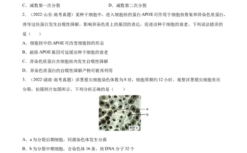 专题04细胞的生命历程（包括减数分裂）-三年（2020-2022）高考真题生物分项汇编（全国通用）（原卷版）_高考真题分类汇编(2012-2022)生物_高考真题分项汇编(2020-2022)生物