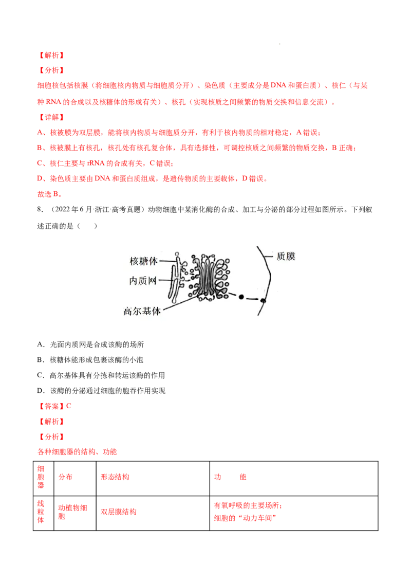 专题01细胞的分子组成以及结构和功能-三年（2020-2022）高考真题生物分项汇编（全国通用）（解析版）_高考真题分类汇编(2012-2022)生物_高考真题分项汇编(2020-2022)生物