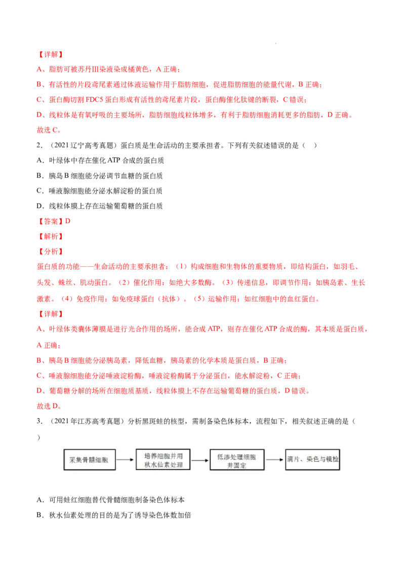 专题01细胞的分子组成以及结构和功能-三年（2020-2022）高考真题生物分项汇编（全国通用）（解析版）_高考真题分类汇编(2012-2022)生物_高考真题分项汇编(2020-2022)生物