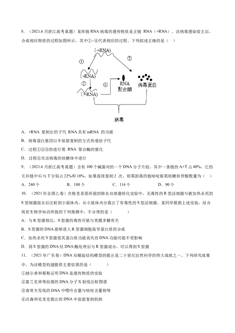 专题05遗传的分子基础-三年（2020-2022）高考真题生物分项汇编（全国通用）（原卷版）_高考真题分类汇编(2012-2022)生物_高考真题分项汇编(2020-2022)生物