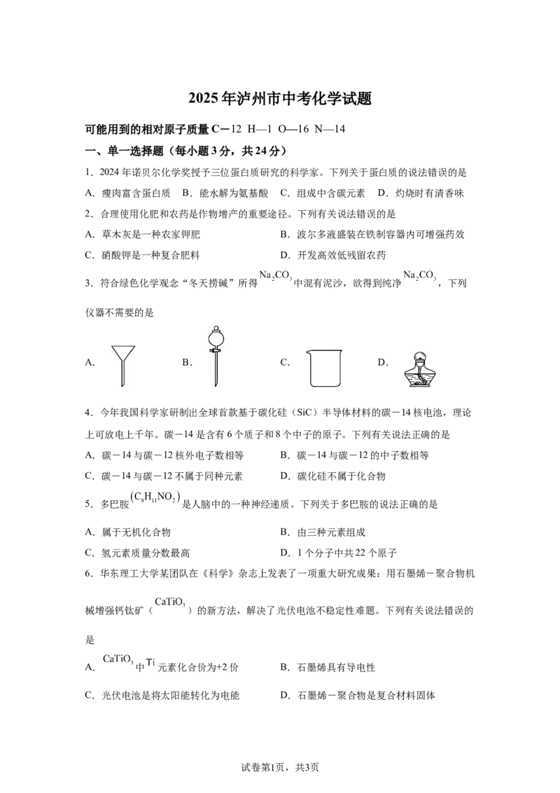 2025年四川省泸州市中考化学真题_5.2015-2025年中考化学_5.2025各省市化学_四川