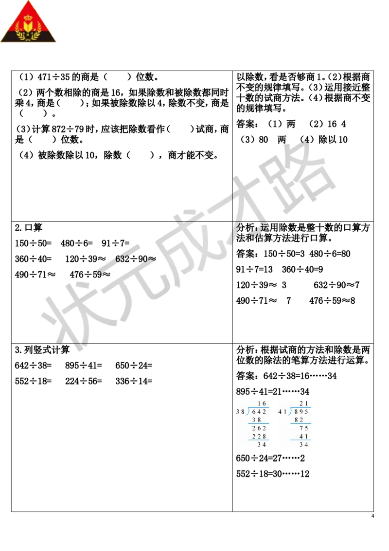 重点单元知识归纳与易错警示_1-6年级上册_数学4年级上册教学资源包_导学案新版_6除数是两位数的除法