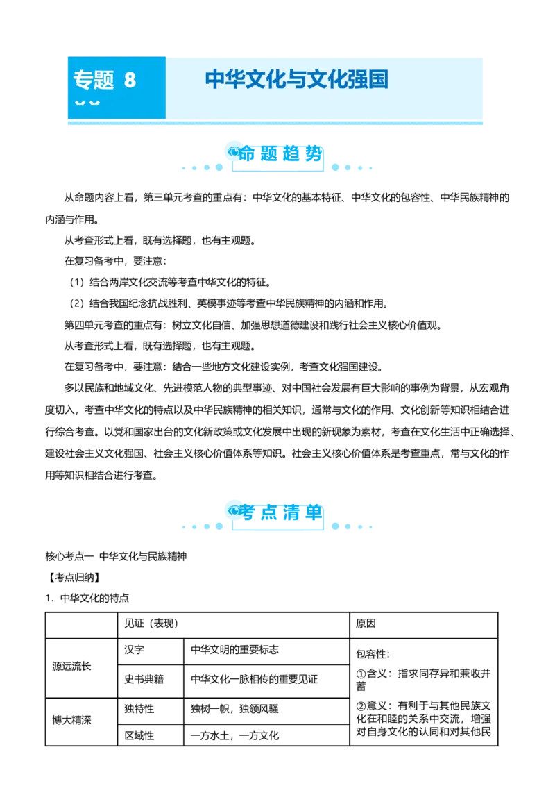 原创2021届高考二轮精品专题八中华文化与文化强国学生版_通用版（老高考）复习资料_2023年复习资料_一轮+二轮_原创2021届高考政治二轮精品专题
