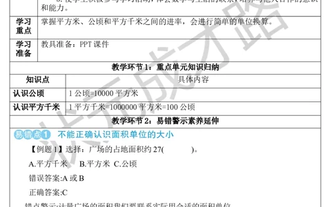 单元知识归纳与易错警示_1-6年级上册_数学4年级上册教学资源包_导学案新版_2公顷和平方千米