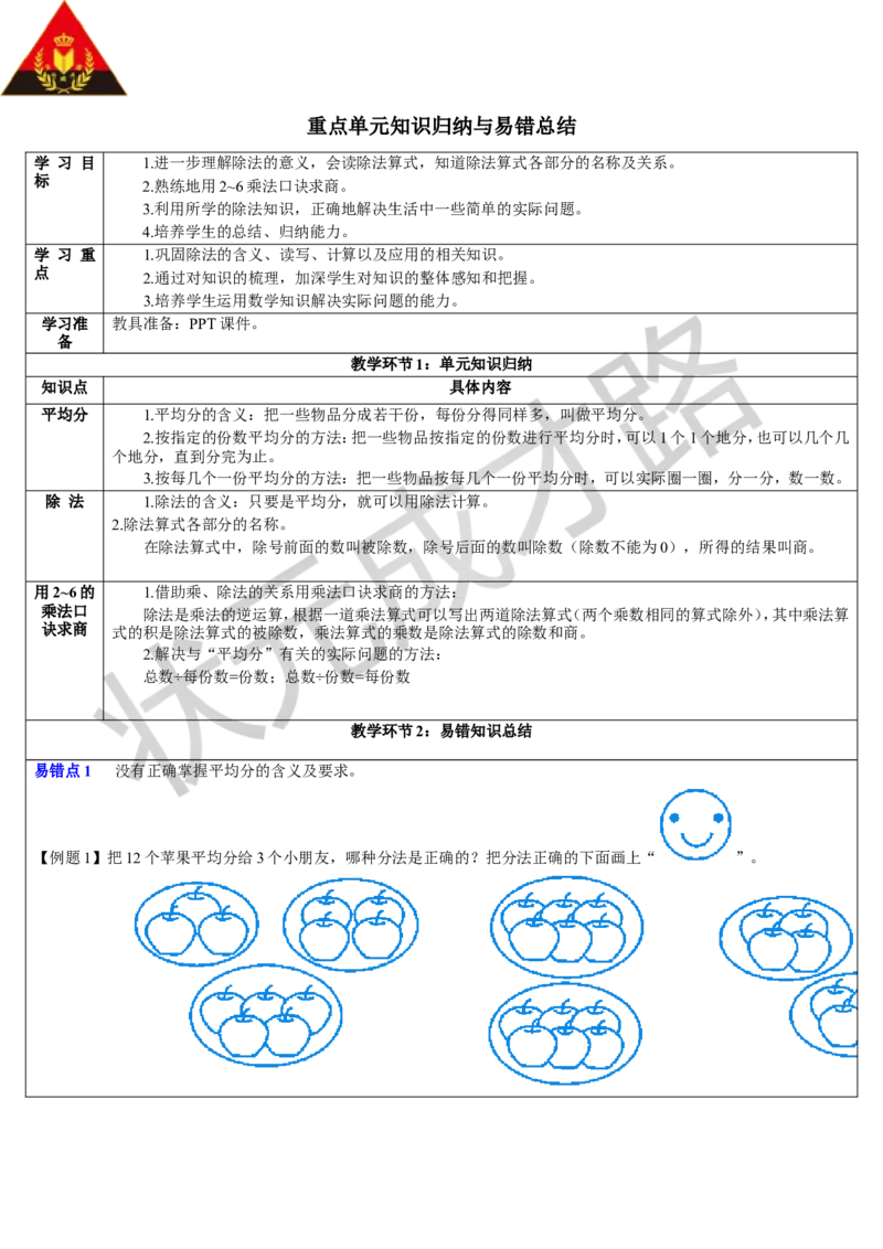 重点单元知识归纳与易错总结_1-6年级下册_R2数下新插图版_旧教材资源_R2数下教案+学案_导学案_2表内除法（一）