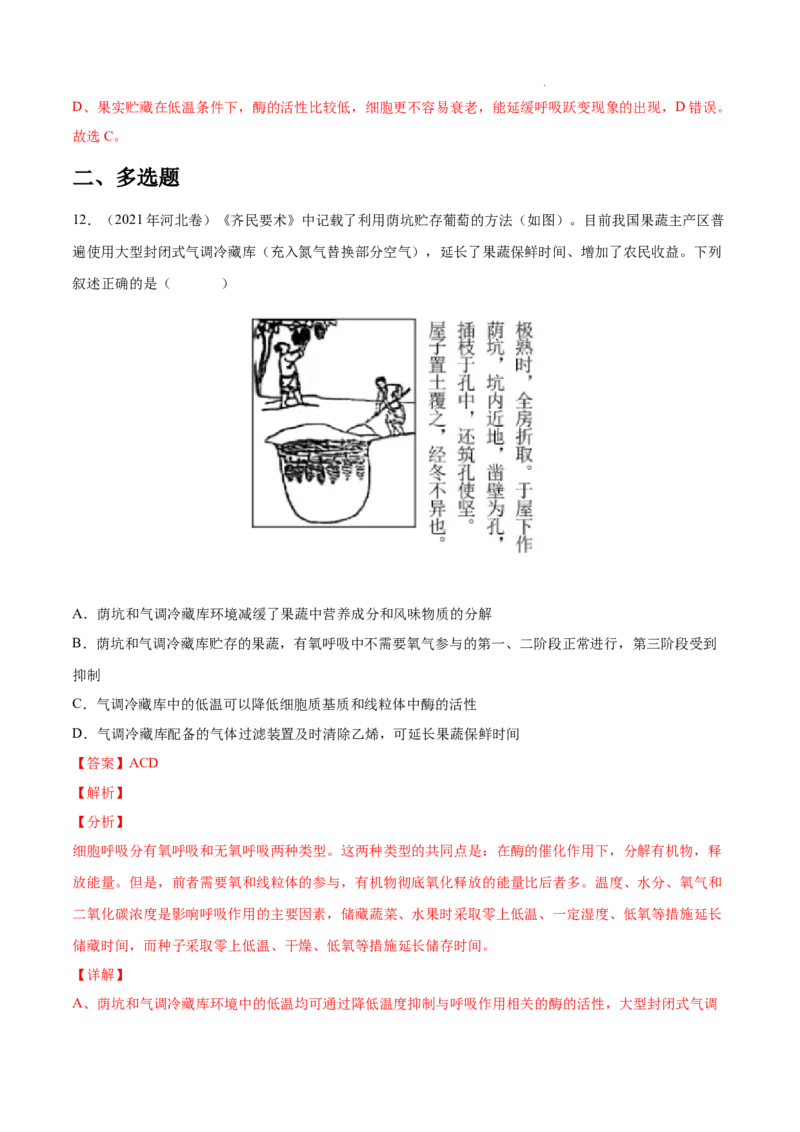 专题03光合作用和细胞呼吸-三年（2020-2022）高考真题生物分项汇编（全国通用）（解析版）_高考真题分类汇编(2012-2022)生物_高考真题分项汇编(2020-2022)生物