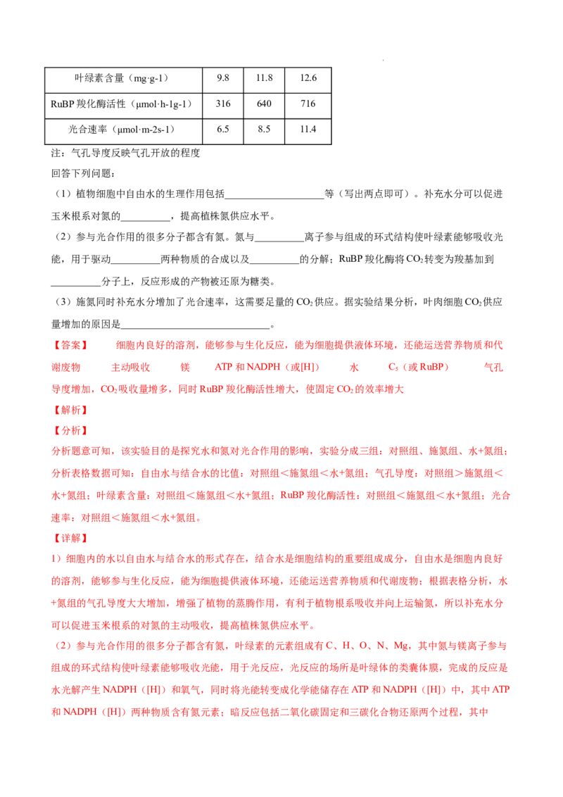专题03光合作用和细胞呼吸-三年（2020-2022）高考真题生物分项汇编（全国通用）（解析版）_高考真题分类汇编(2012-2022)生物_高考真题分项汇编(2020-2022)生物