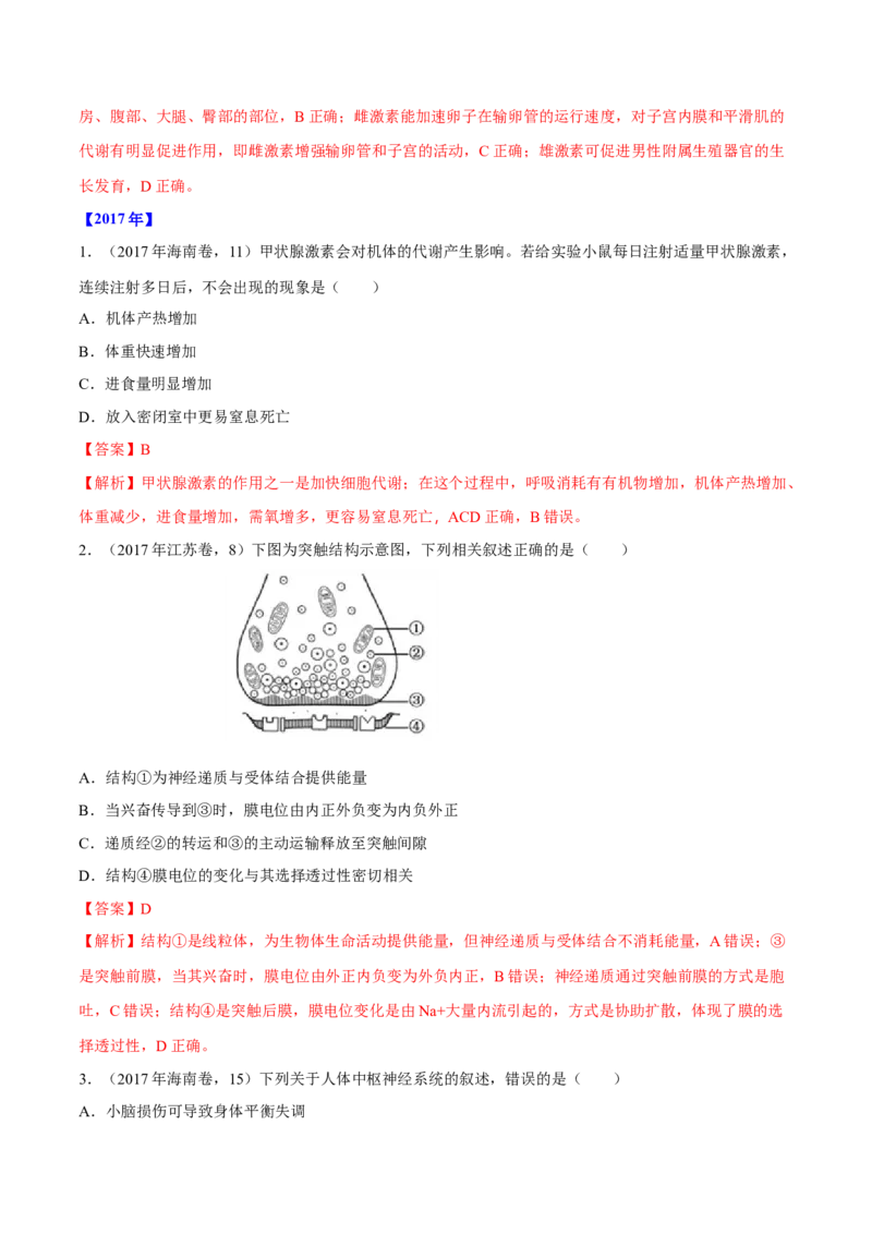 专题08神经调节与体液调节-十年（2012-2021）高考生物真题分项汇编（全国通用）（解析版）_高考真题分类汇编(2012-2022)生物_高考真题分项汇编(2012-2021)生物
