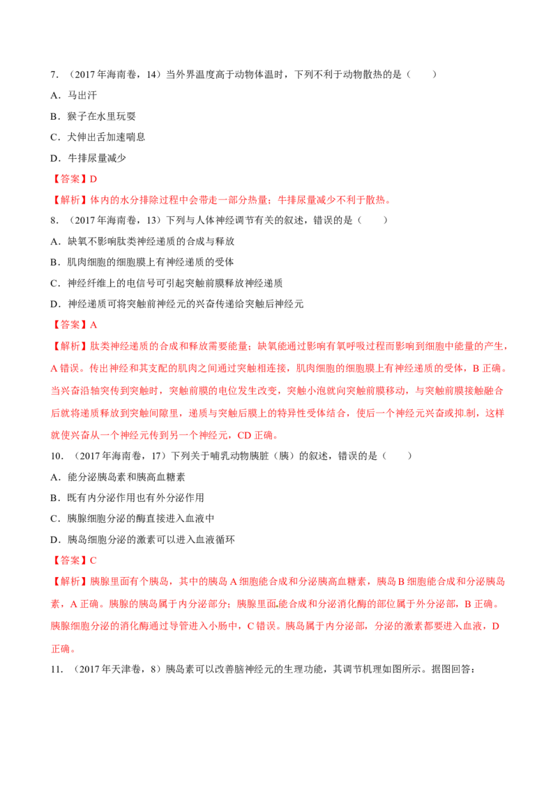 专题08神经调节与体液调节-十年（2012-2021）高考生物真题分项汇编（全国通用）（解析版）_高考真题分类汇编(2012-2022)生物_高考真题分项汇编(2012-2021)生物