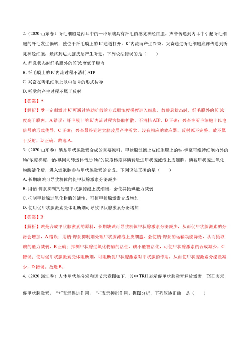 专题08神经调节与体液调节-十年（2012-2021）高考生物真题分项汇编（全国通用）（解析版）_高考真题分类汇编(2012-2022)生物_高考真题分项汇编(2012-2021)生物