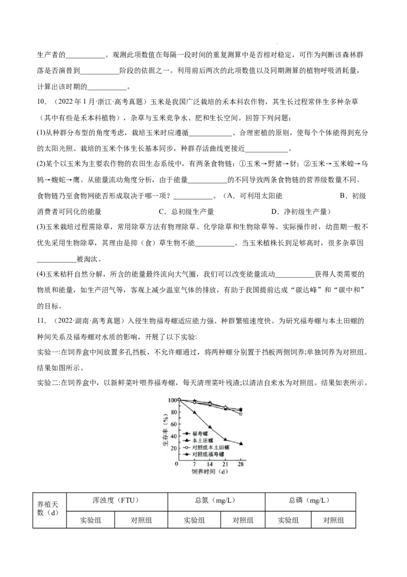 专题12生态系统及其保护-三年（2020-2022）高考真题生物分项汇编（全国通用）（原卷版）_高考真题分类汇编(2012-2022)生物_高考真题分项汇编(2020-2022)生物